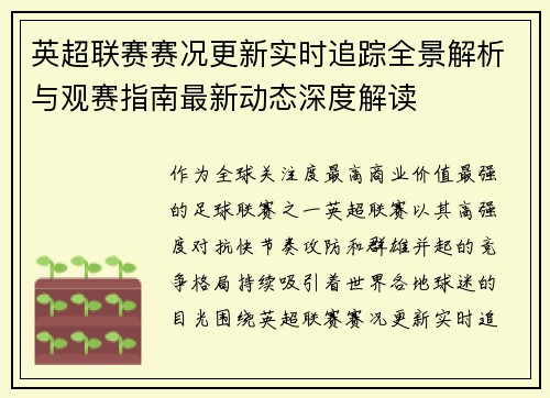 英超联赛赛况更新实时追踪全景解析与观赛指南最新动态深度解读 英超联赛赛况更新实时追踪全景解析与观赛指南最新动态深度解读