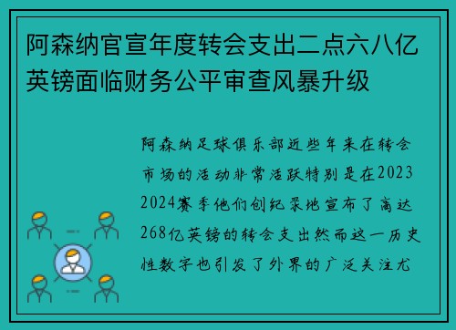 阿森纳官宣年度转会支出二点六八亿英镑面临财务公平审查风暴升级 阿森纳官宣年度转会支出二点六八亿英镑面临财务公平审查风暴升级